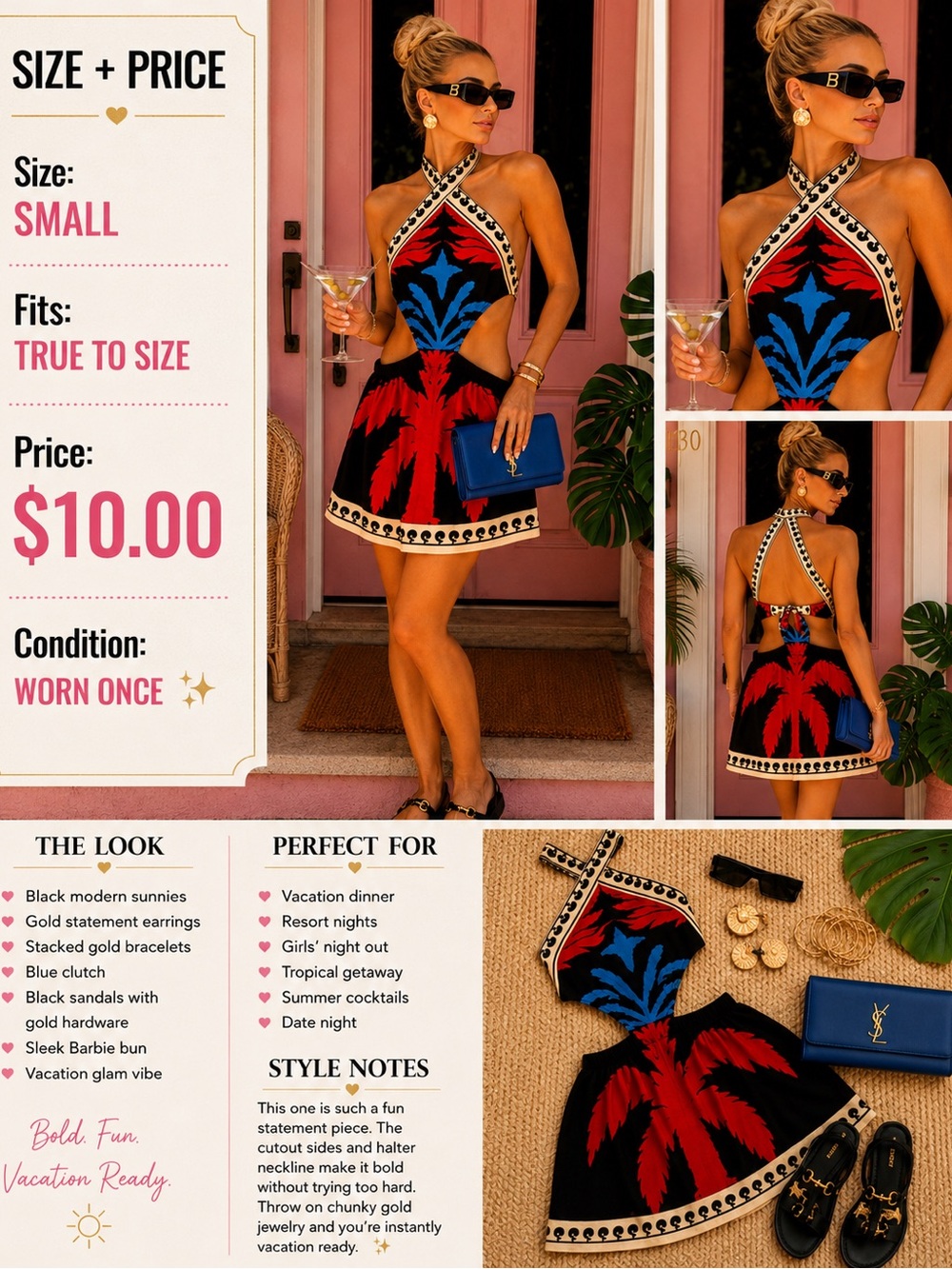 Bold Palm-Print Cutout Halter Mini Dress - Small - Black & Red